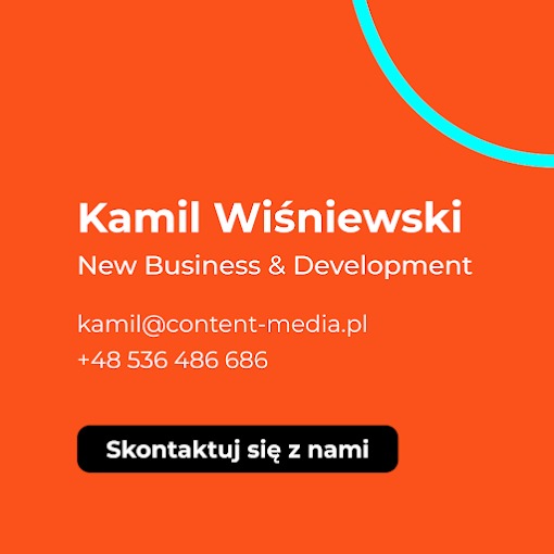 Pomarańczowe tło z danymi kontaktowymi: imię i nazwisko, stanowisko, e-mail, telefon oraz przycisk 'Skontaktuj się z nami'. U góry fragment niebieskiego okręgu.