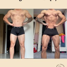 Trener Personalny Arek Warpechowski - Męska sylwetka przed i po treningu, widoczne efekty redukcji wagi (-10kg w 5 miesięcy), tatuaż na ramieniu, logo trenera w prawym dolnym rogu.