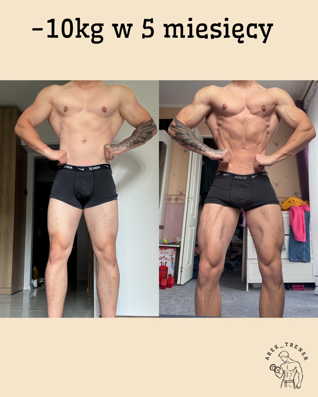 Męska sylwetka przed i po treningu, widoczne efekty redukcji wagi (-10kg w 5 miesięcy), tatuaż na ramieniu, logo trenera w prawym dolnym rogu.