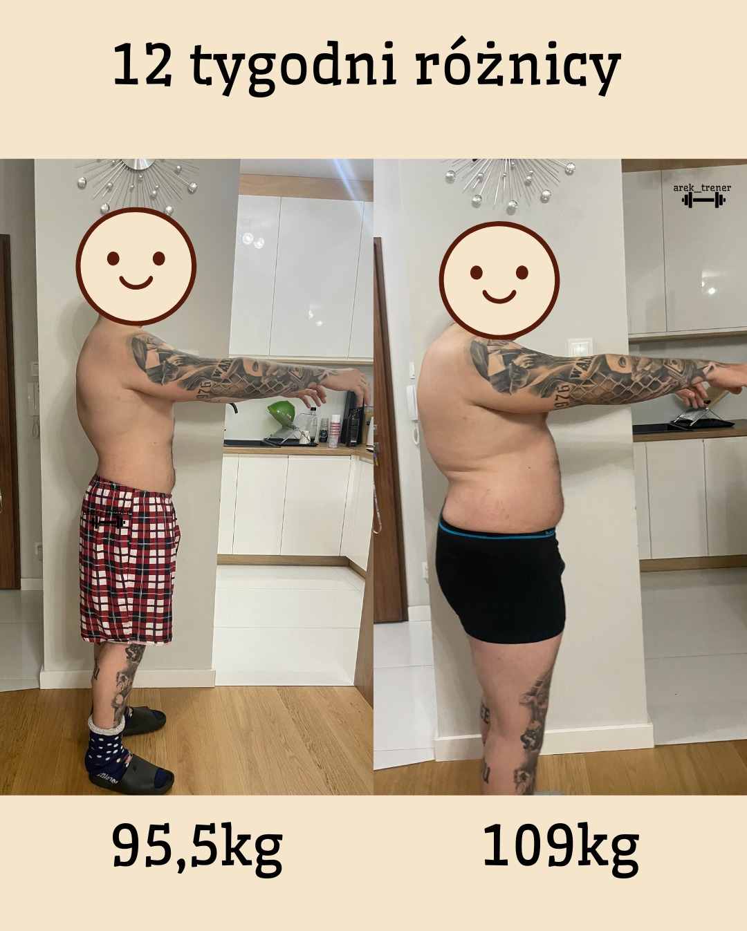 Zdjęcie 'przed i po' prezentujące efekty 12-tygodniowej przemiany sylwetki. Widoczne zmiany w wadze i wyglądzie, tatuaże na ramionach i nogach. Domowe tło.