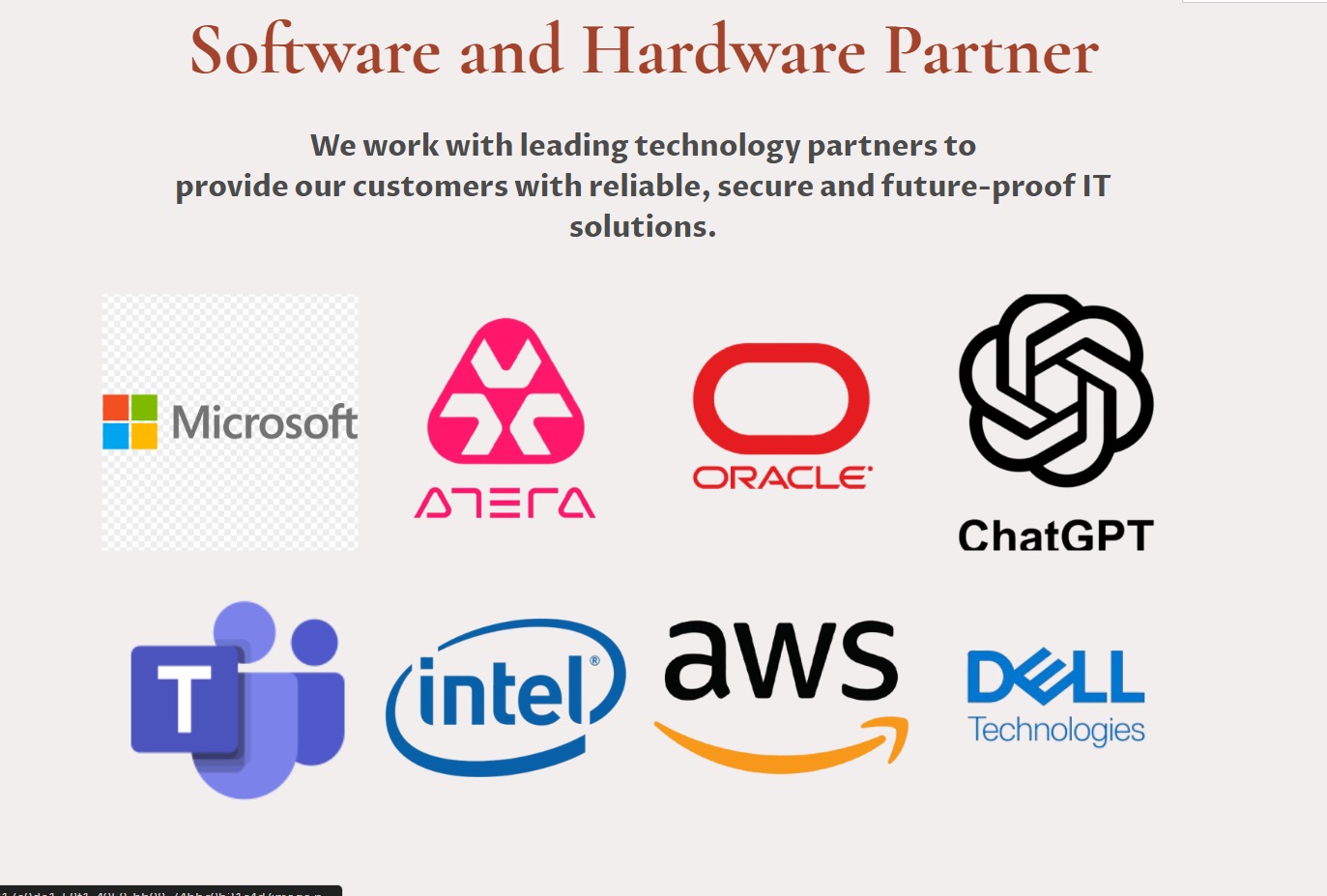 Logotypy partnerów technologicznych: Microsoft, Oracle, Intel, AWS, Dell, ChatGPT, Antera, Teams. Współpraca w zakresie niezawodnych i bezpiecznych rozwiązań IT.
