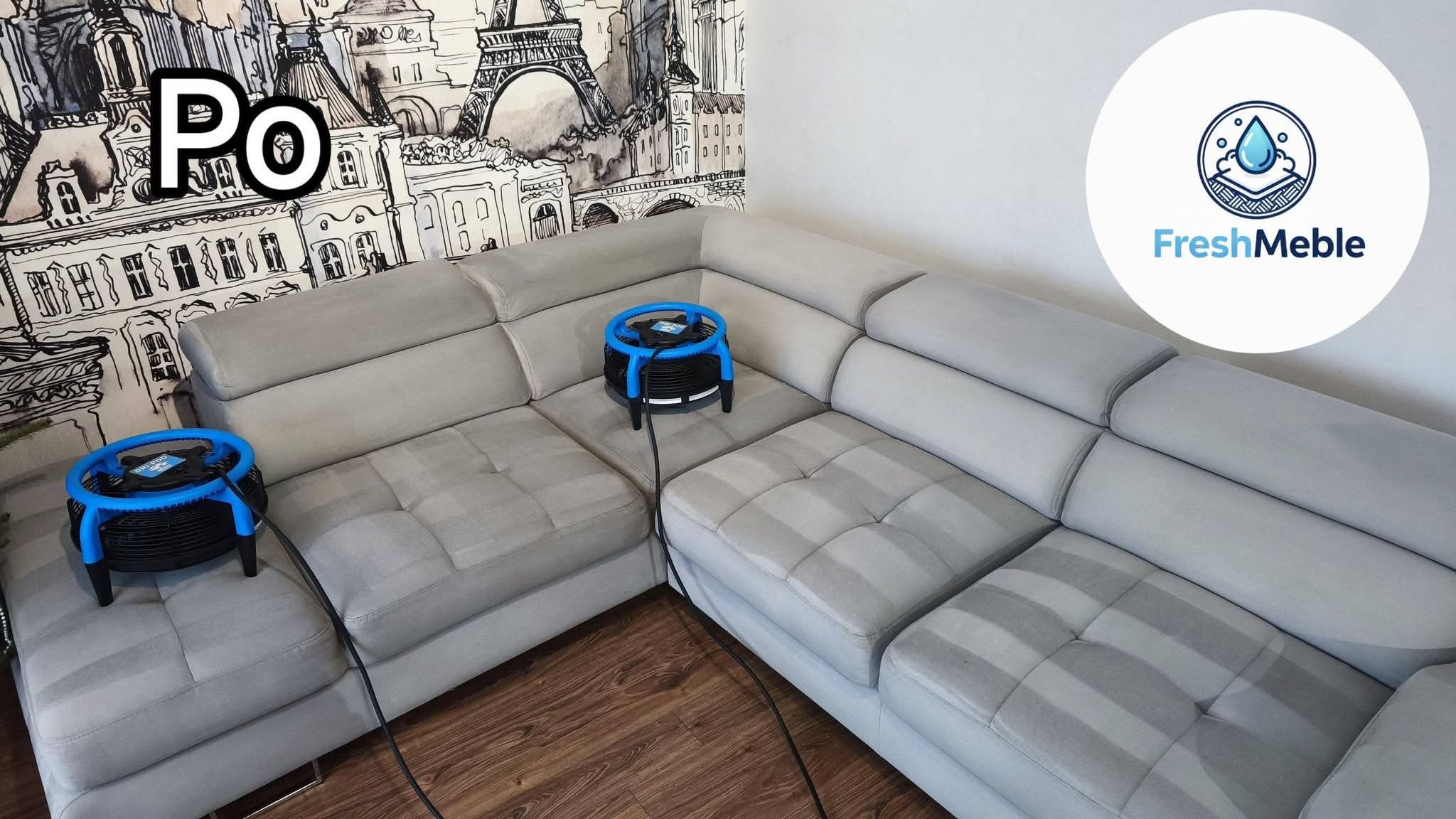Szara, narożna kanapa po czyszczeniu, z dwoma wentylatorami przyspieszającymi suszenie. Widoczny efekt czyszczenia na siedzisku. W tle ściana z motywem Paryża.
