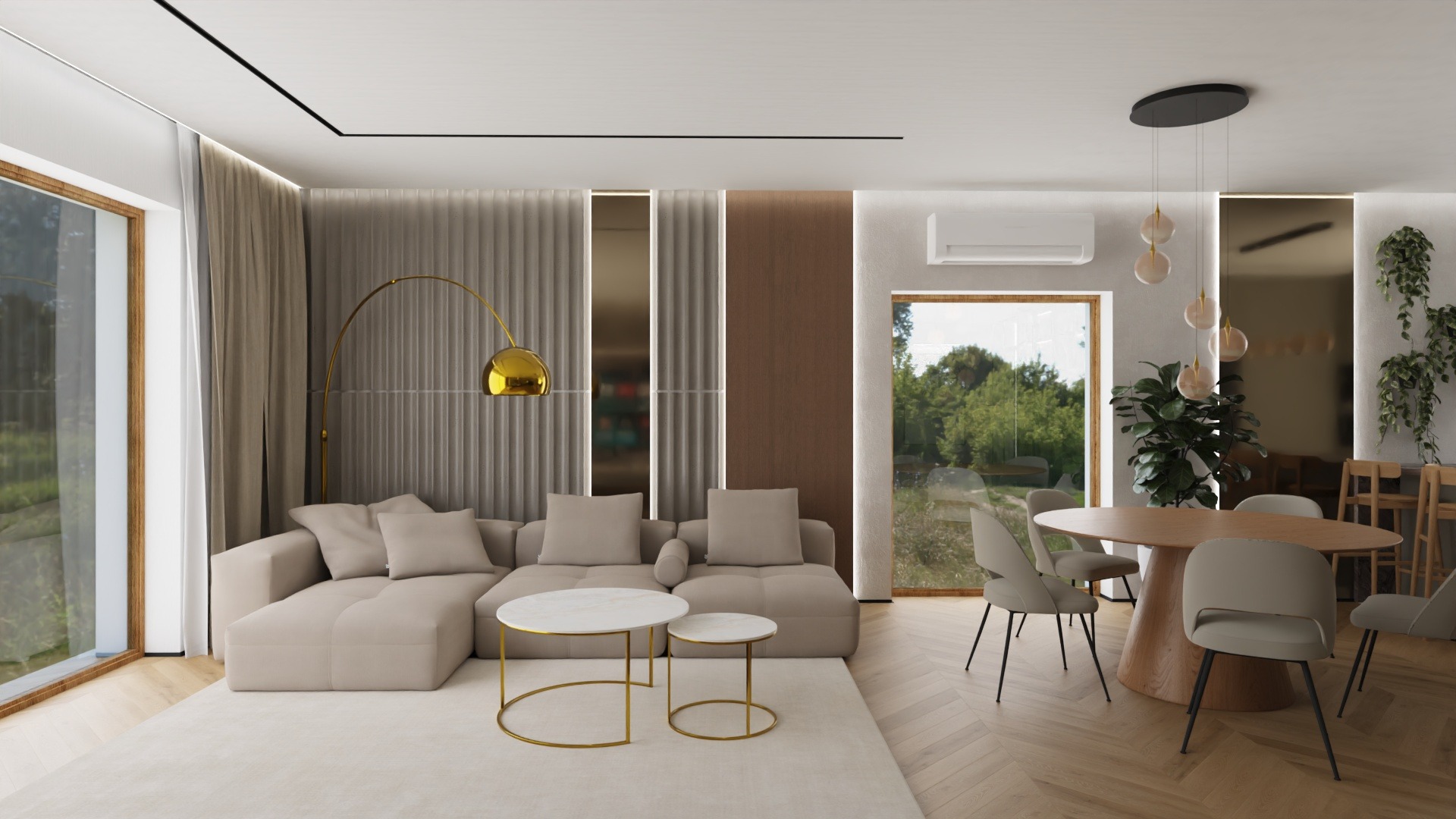 Beżowy narożnik z marmurowymi stolikami kawowymi i złotą lampą łukową w salonie z parkietem w jodełkę i widokiem na zieleń za oknem.