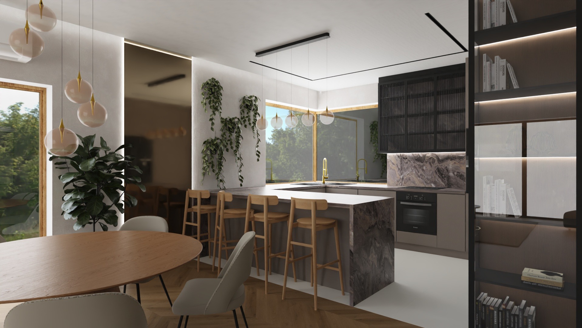 Wizualizacja kuchni z wyspą i jadalnią w neutralnych barwach. Marmurowy blat, drewniane krzesła barowe, wiszące lampy i rośliny doniczkowe tworzą spójną całość.