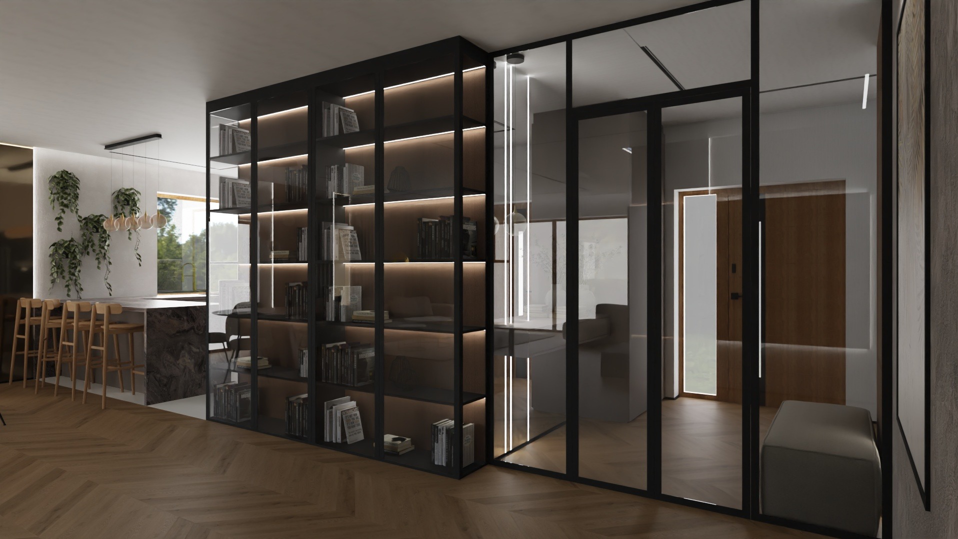 Nowoczesne wnętrze z regałem na książki z podświetleniem LED i szklaną ścianą działową. Parkiet w jodełkę, minimalistyczny design, stonowana kolorystyka.