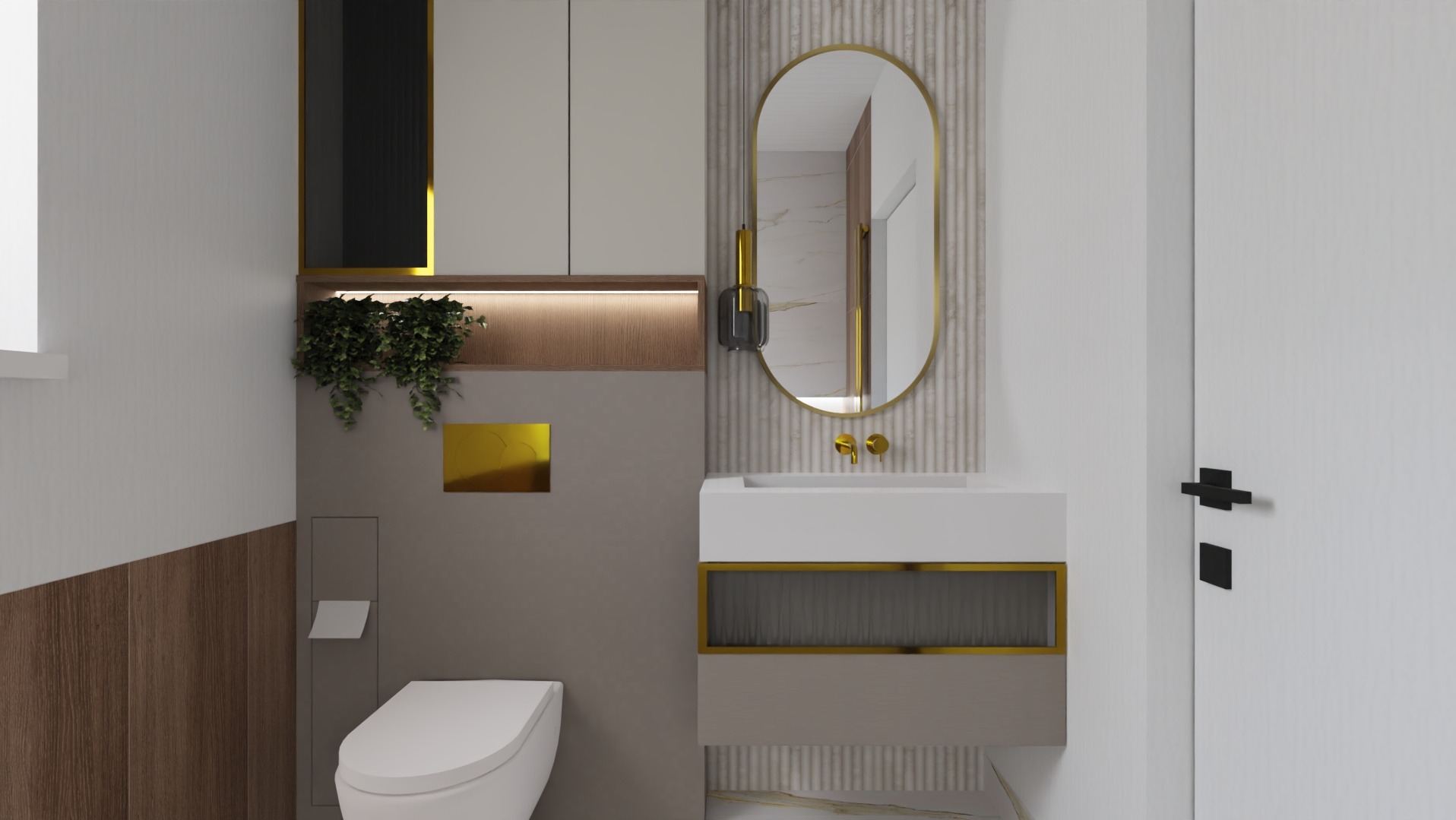 Nowoczesna łazienka z owalnym lustrem w złotej ramie, wiszącą szafką z umywalką i toaletą. Dekoracyjne panele ścienne, akcenty złota i roślinny detal dodają elegancji.