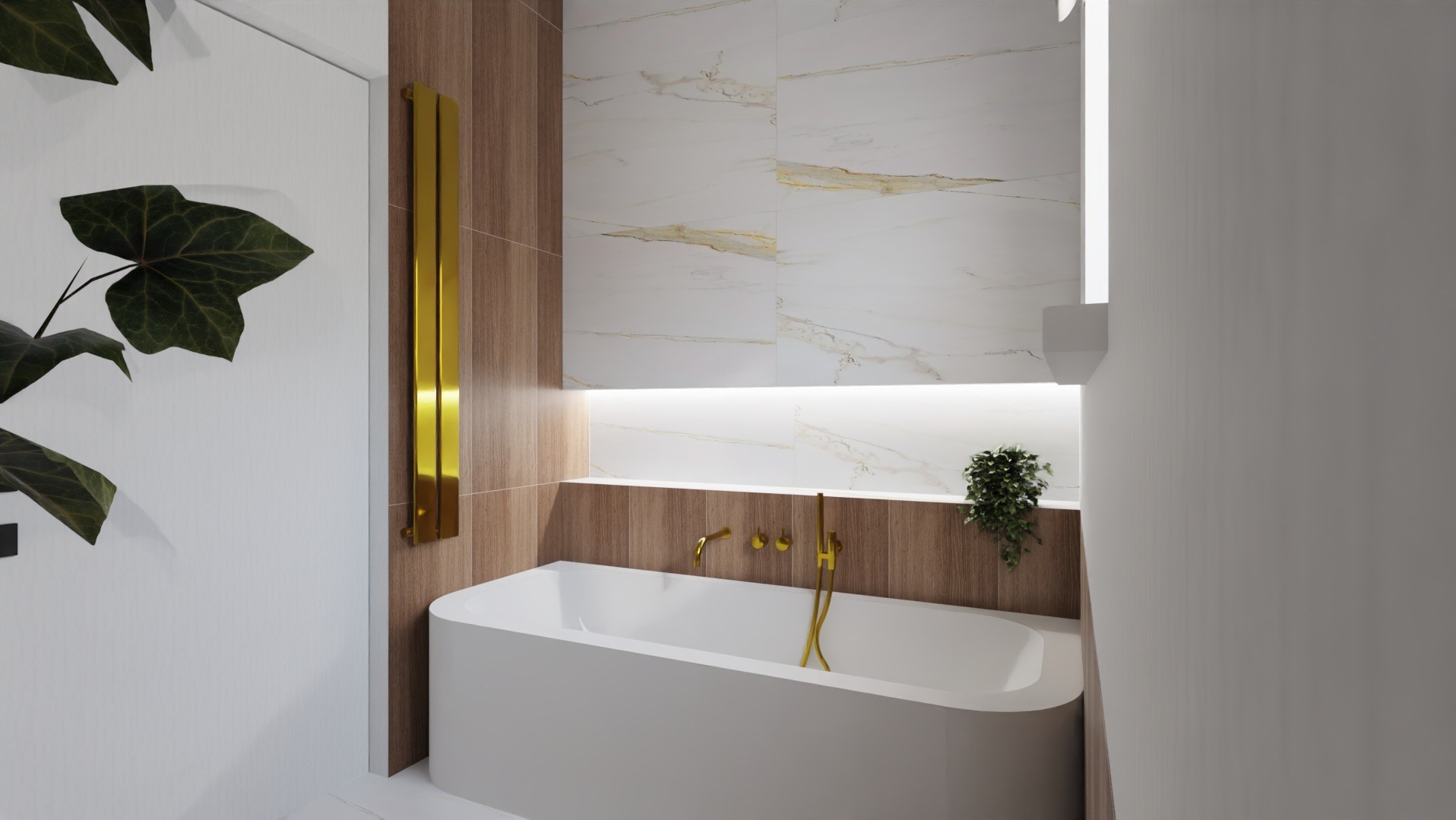 Nowoczesna łazienka z białą wanną, złotą armaturą i marmurowymi płytkami. Minimalistyczny design z akcentami drewna i roślin. Oświetlenie LED podkreśla elegancję wnętrza.
