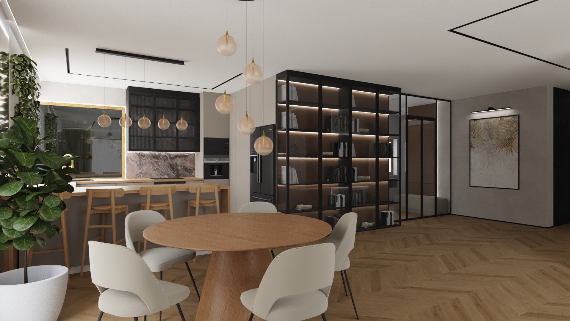 Nowoczesne wnętrze: jadalnia z okrągłym stołem i krzesłami, otwarta na kuchnię z marmurowym blatem i regałem z książkami. Parkiet w jodełkę, designerskie lampy.