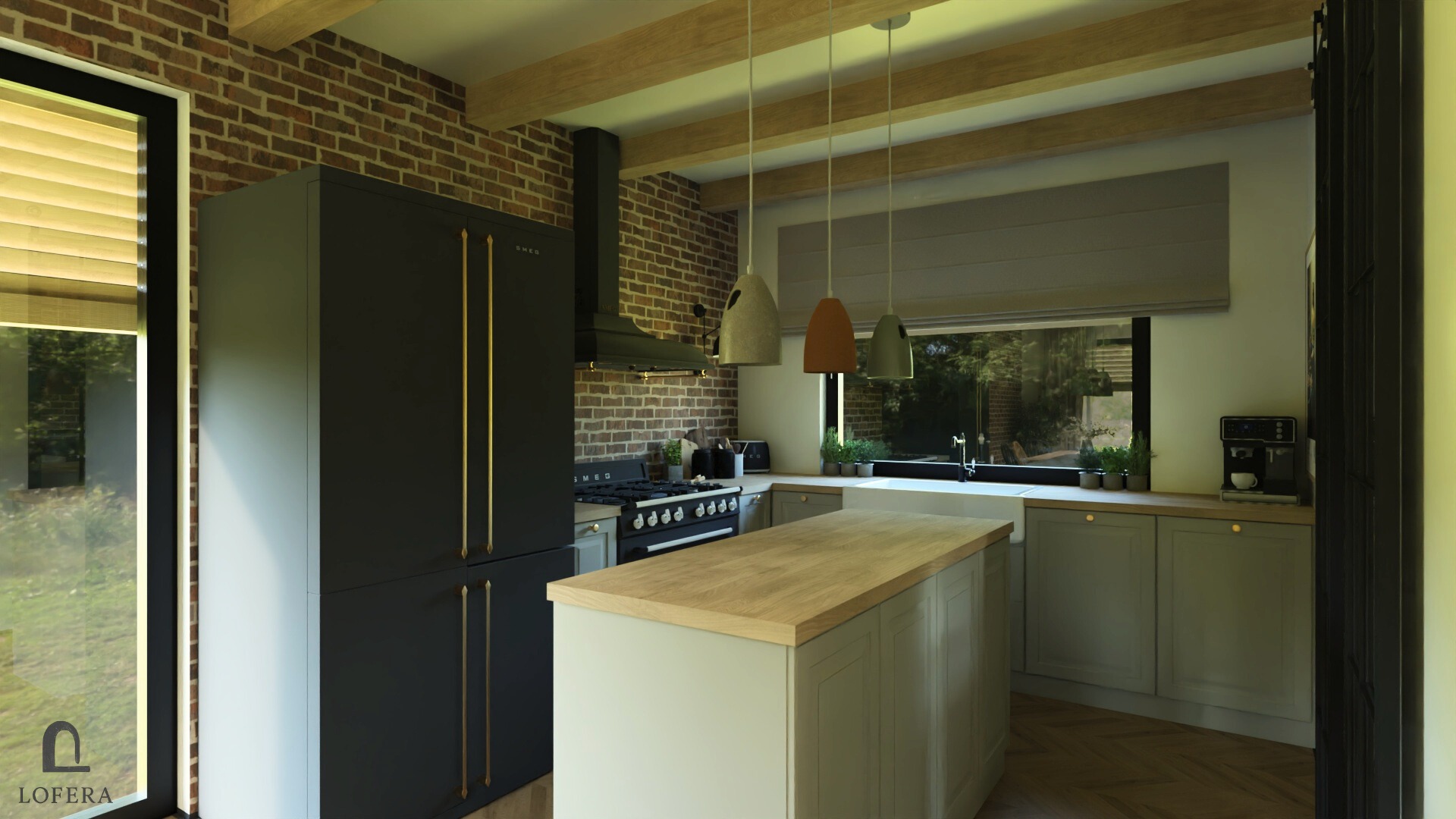 Wnętrze kuchni w stylu rustykalnym z ceglaną ścianą, drewnianymi belkami stropowymi i wyspą. Czarna lodówka SMEG i kuchenka dodają elegancji. Widoczne wiszące lampy.