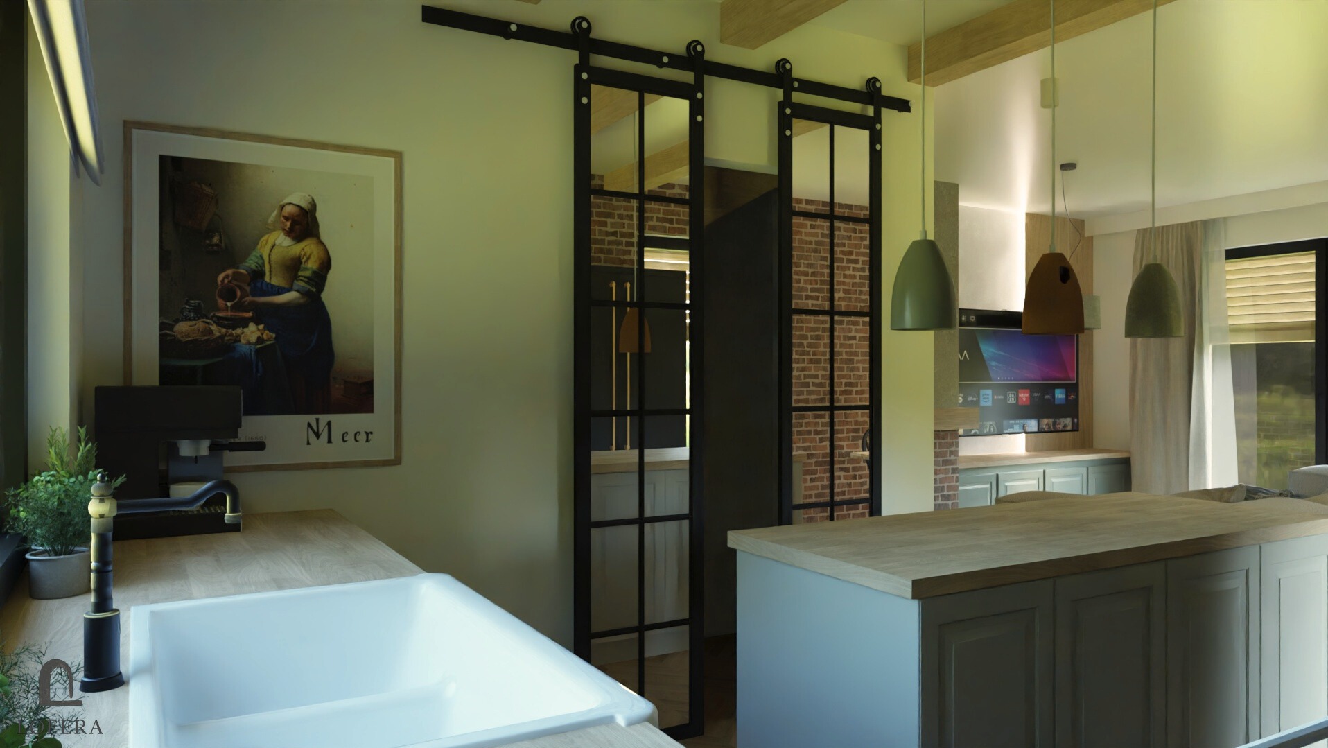 Nowoczesna kuchnia z wyspą, wiszącymi lampami i przesuwnymi drzwiami w stylu loft. Na ścianie obraz z motywem kobiety. Ekspres do kawy na blacie.