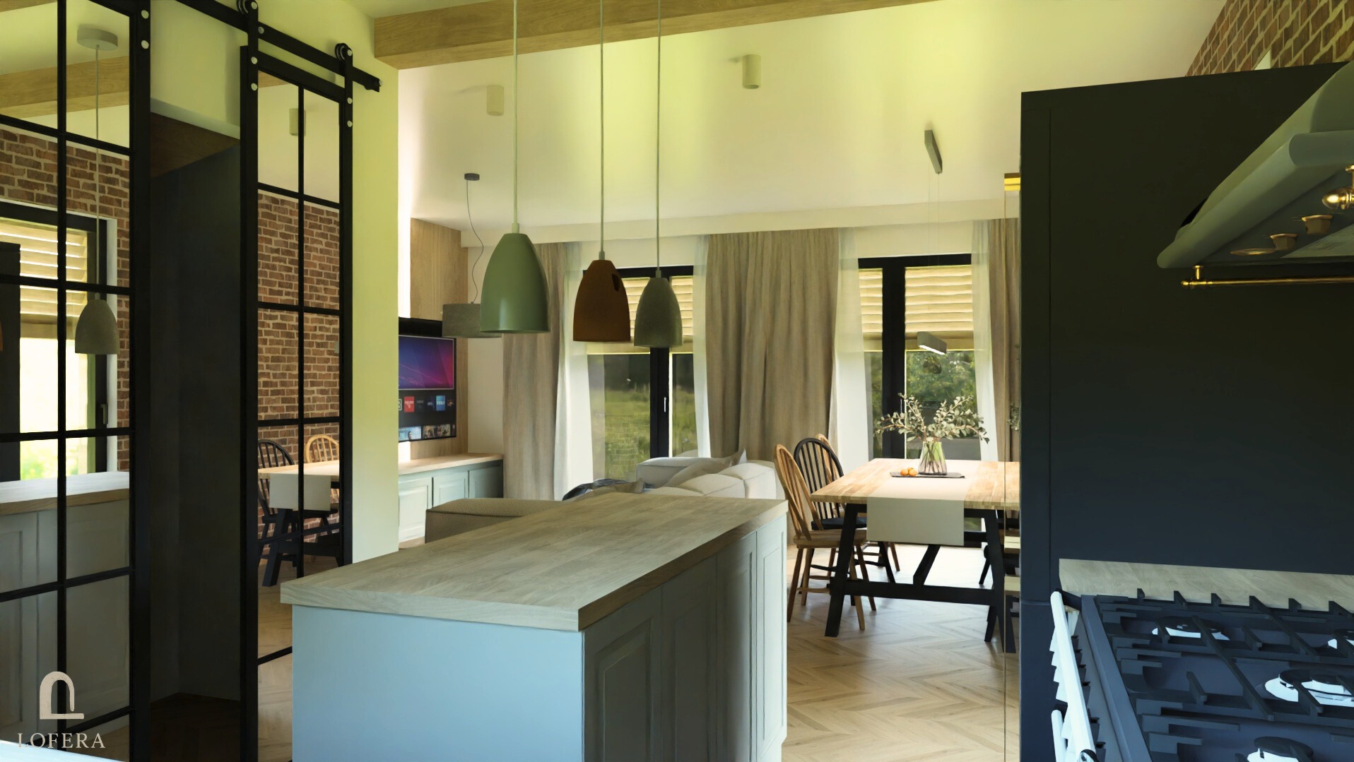 Nowoczesne wnętrze: wyspa kuchenna z blatem drewnianym, stół jadalny z krzesłami, przesuwne drzwi loftowe i ceglana ściana w tle. Widok na salon z oknami.
