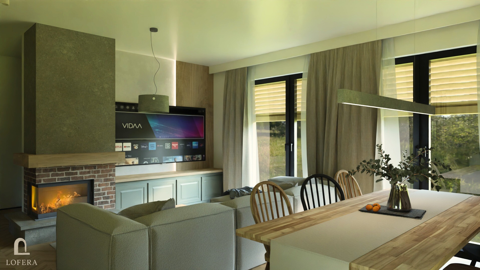 Wizualizacja salonu z kominkiem, telewizorem i stołem jadalnym. Nowoczesny design z elementami drewna i cegły. Stonowana kolorystyka, duże okna z widokiem na zieleń.