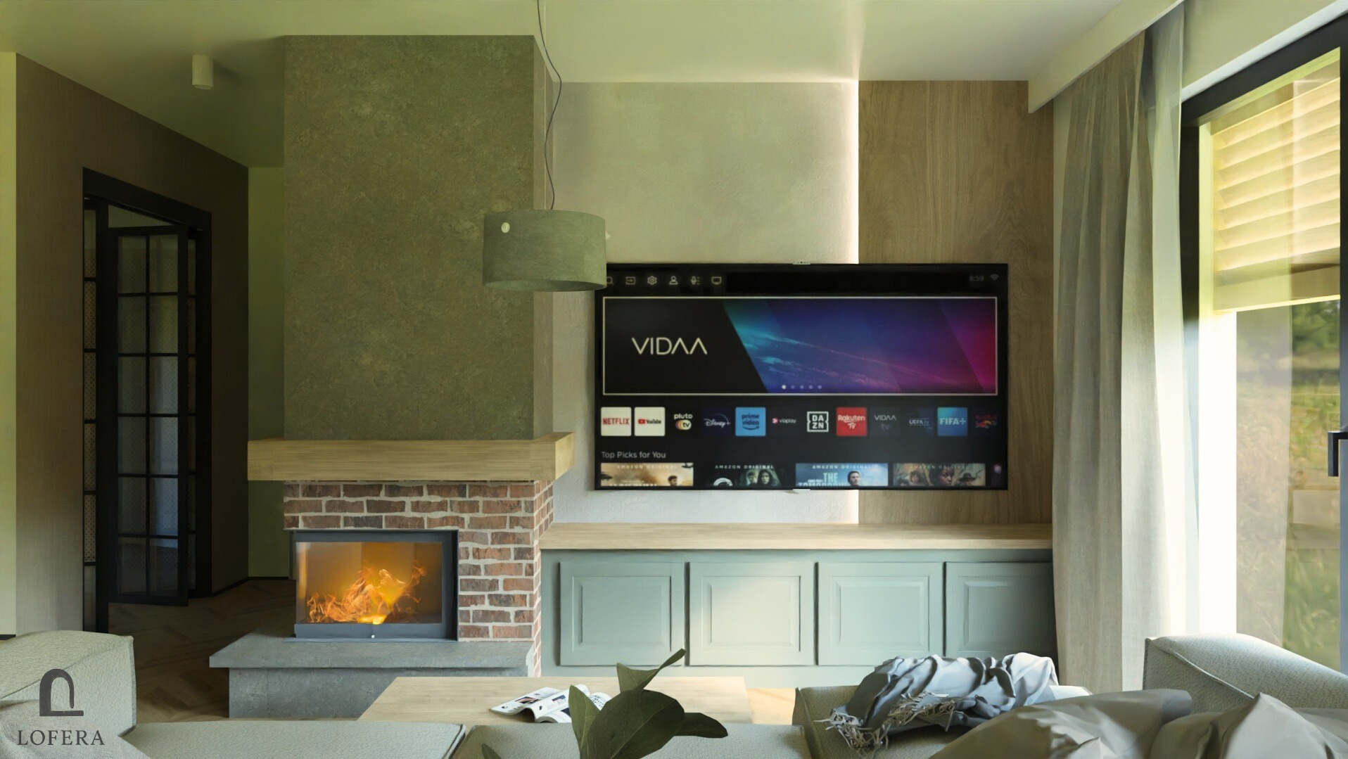 Salon z ceglanym kominkiem, telewizorem i zielonymi akcentami. Widoczne drzwi z czarnymi szprosami i zasłony przy oknie. Ciepłe światło ognia i lampa wisząca.
