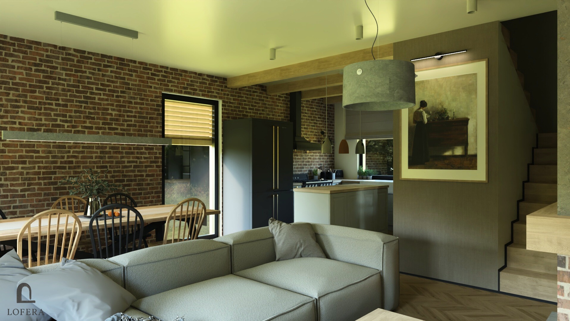Wnętrze domu z ceglaną ścianą, drewnianym stołem i szarą sofą. Widoczna kuchnia z wyspą i schody. Nad stołem podłużna lampa, nad wyspą okrągła.
