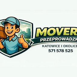 Movers Przeprowadzki - Transport Katowice i okolice - Ilustracja: uśmiechnięty dostawca z kartonami na tle panoramy miasta, logo firmy przeprowadzkowej 'Movers Przeprowadzki Katowice i okolice' z numerem telefonu.