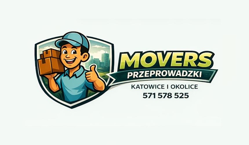 Ilustracja: uśmiechnięty dostawca z kartonami na tle panoramy miasta, logo firmy przeprowadzkowej 'Movers Przeprowadzki Katowice i okolice' z numerem telefonu.