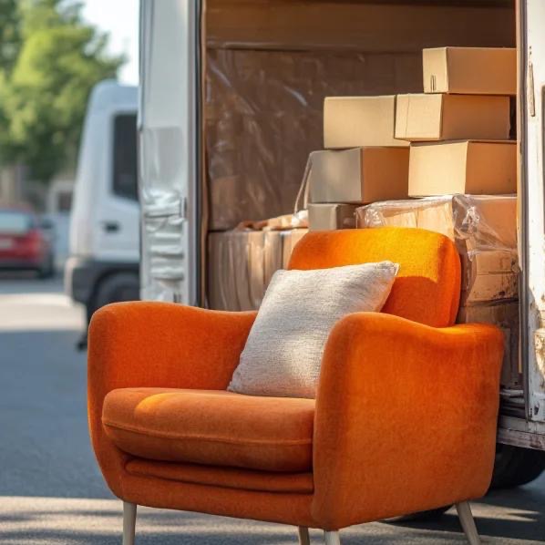 Pomarańczowy fotel z poduszką na tle otwartego busa wypełnionego kartonami, gotowy do transportu. Widoczny fragment ulicy i drzewo.