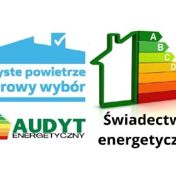 Adam Frąk Eco-Dom SE - Grafika informacyjna: logo programu 'Czyste Powietrze', ikona domu z klasą energetyczną i napis 'Świadectwo energetyczne'.