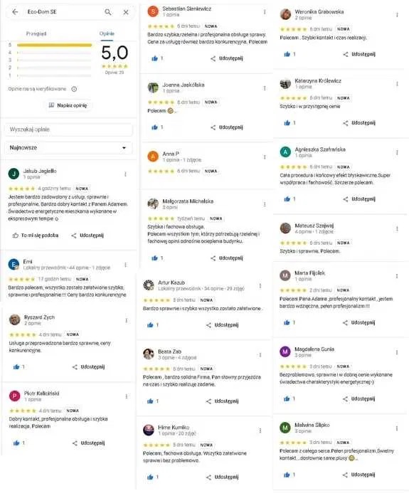 Opinie klientów o firmie Eco-Dom SE, z oceną 5.0, chwalący szybkość, profesjonalizm i konkurencyjne ceny usług świadectw energetycznych i rzetelność.