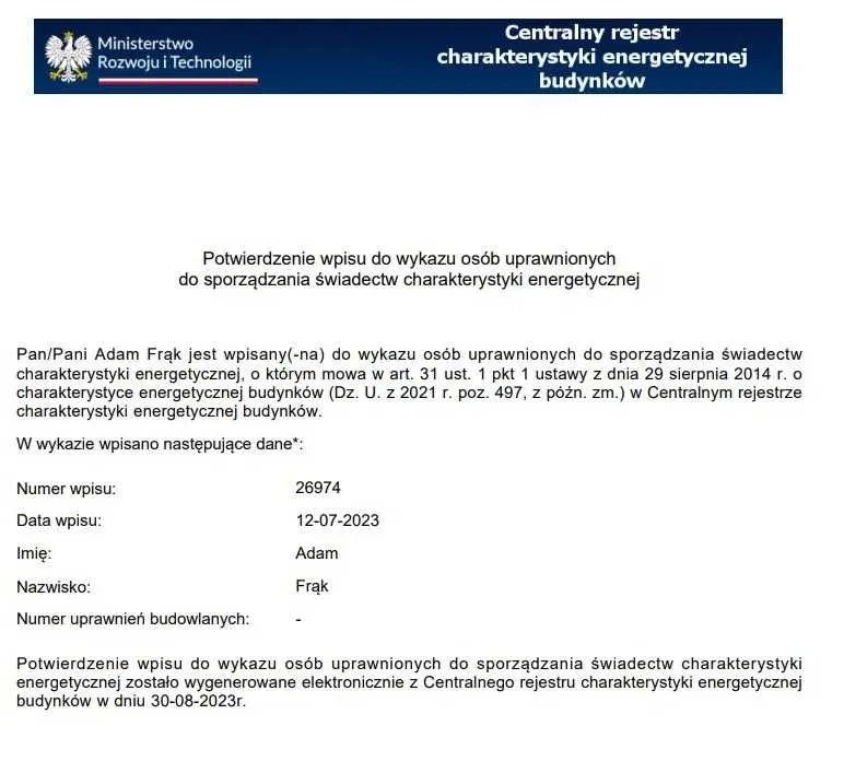Potwierdzenie wpisu do centralnego rejestru charakterystyki energetycznej budynków dla osoby uprawnionej do sporządzania świadectw energetycznych, z danymi osobowymi.