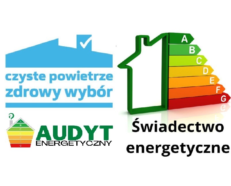 Grafika informacyjna: logo programu 'Czyste Powietrze', ikona domu z klasą energetyczną i napis 'Świadectwo energetyczne'.