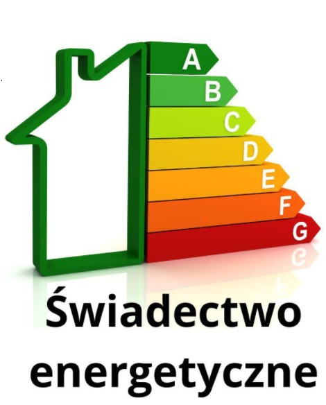 Grafika świadectwa energetycznego: zielony obrys domu z kolorową skalą efektywności energetycznej (A-G) na białym tle. Tekst: 'Świadectwo energetyczne'.
