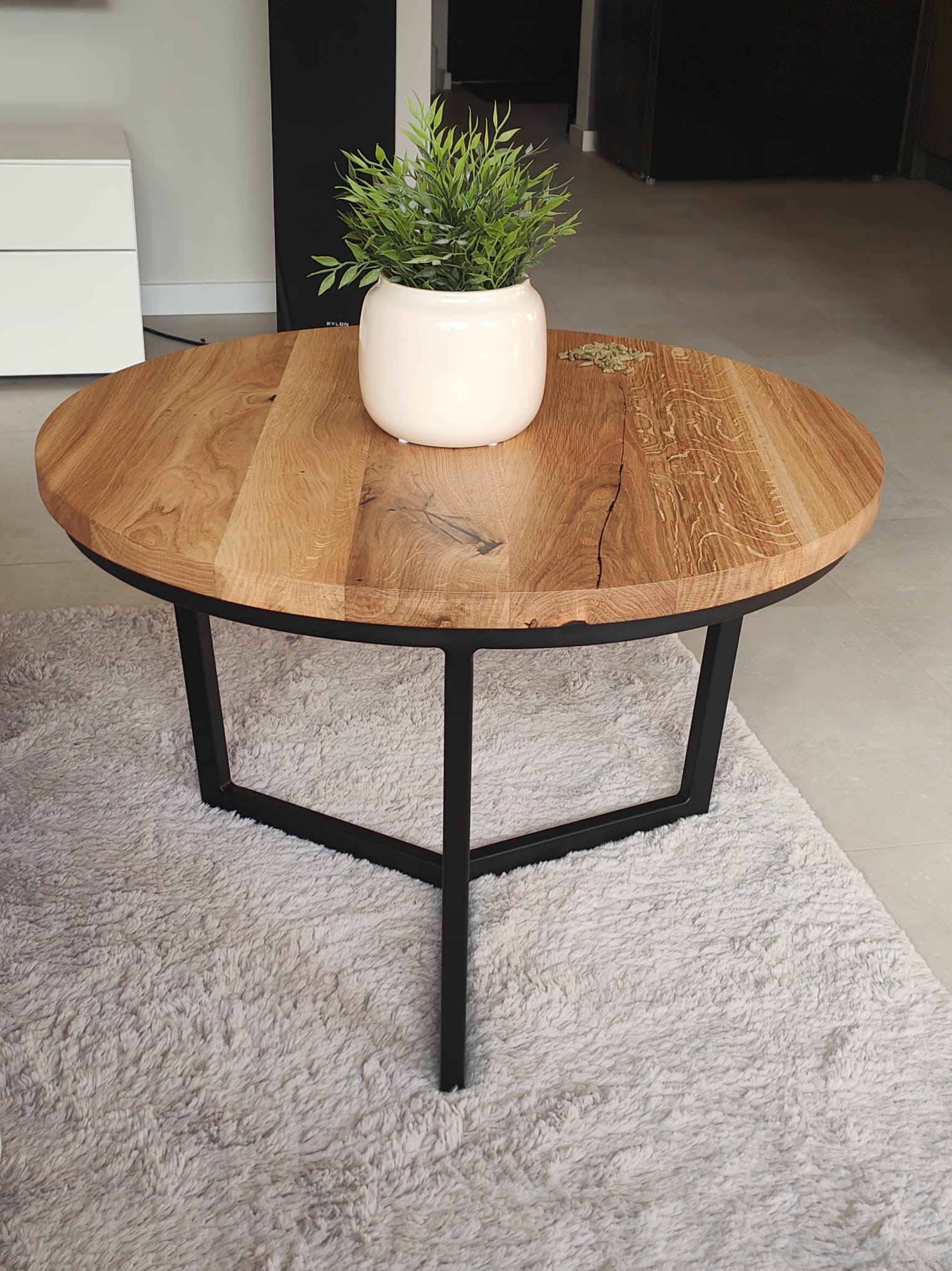 Okrągły stolik kawowy z drewnianym blatem i czarnymi metalowymi nogami, na puszystym dywanie. Na blacie doniczka z zieloną rośliną.