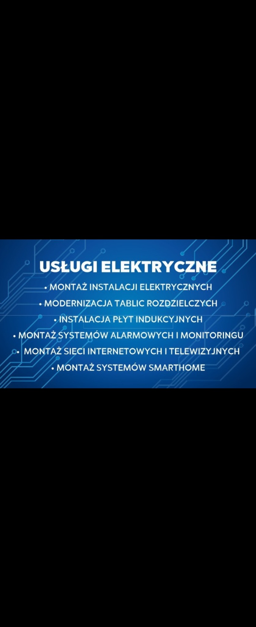 Grafika reklamowa usług elektrycznych: montaż instalacji, modernizacja tablic, instalacja płyt indukcyjnych, alarmy, monitoring, sieci internetowe i systemy smart home.