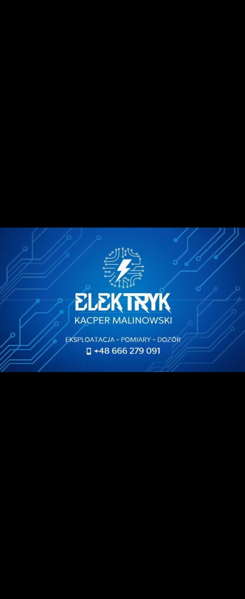 Grafika z logo firmy elektrycznej: biały napis 'ELEKTRYK Kacper Malinowski' na niebieskim tle z motywem obwodów elektrycznych i numerem telefonu.