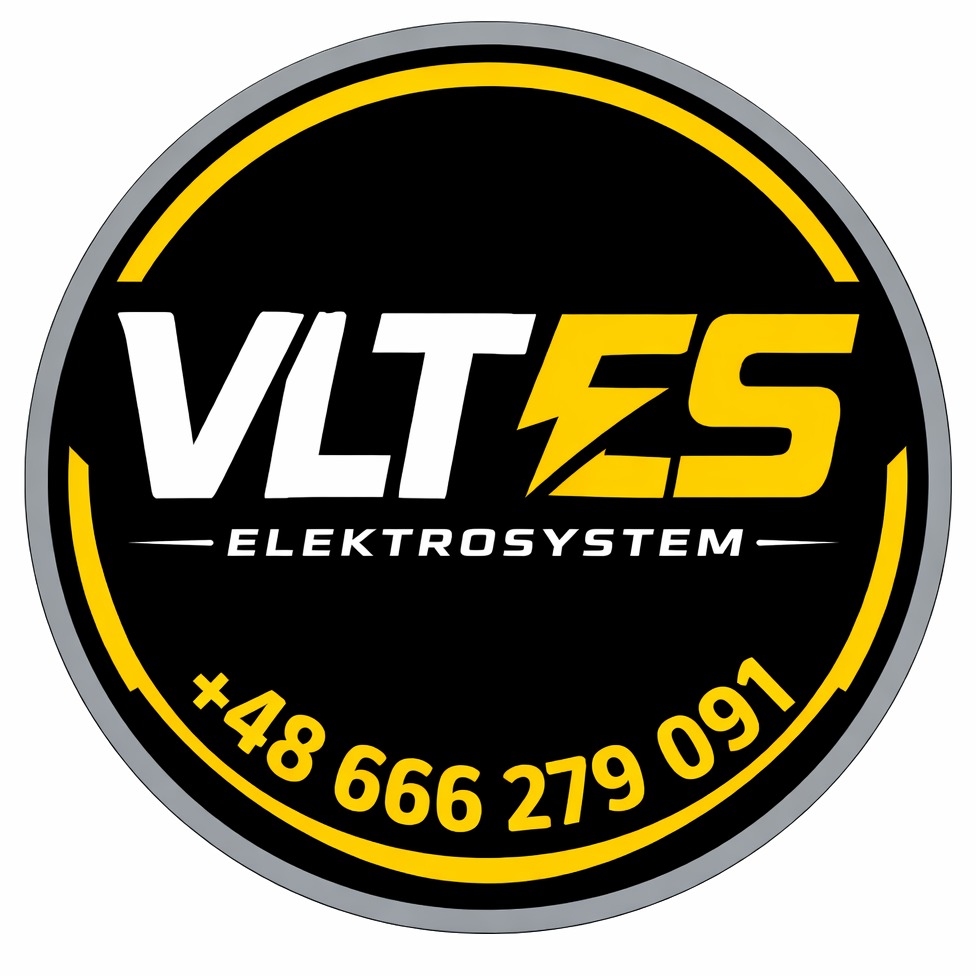 Logo firmy VLTES Elektrosystem z symbolem błyskawicy i numerem telefonu na czarnym tle w żółto-szarej obwódce.