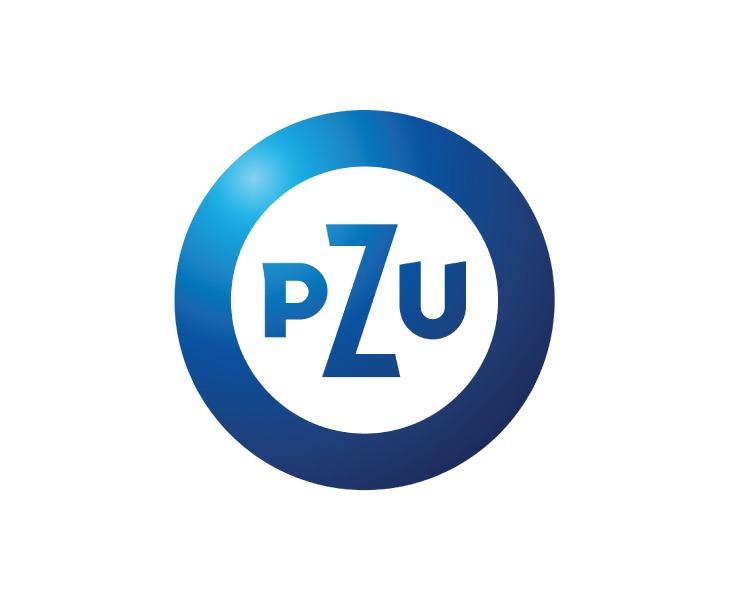 Logo PZU w niebieskim okręgu na białym tle. Charakterystyczny font liter. Branding korporacyjny, rozpoznawalny znak firmy ubezpieczeniowej.