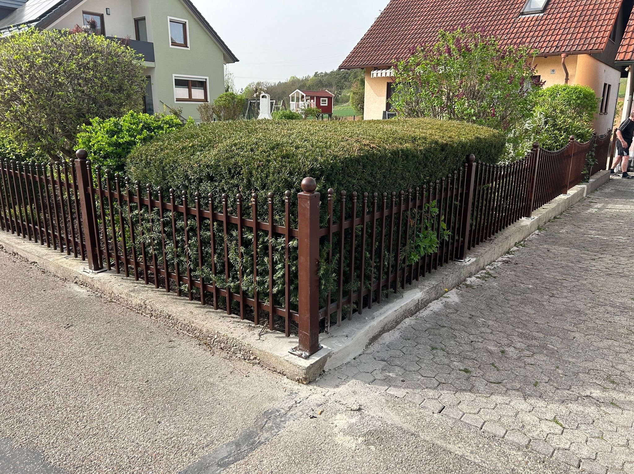 Ciemnobrązowe ogrodzenie metalowe z kulistymi zakończeniami, otaczające gęsty, zielony żywopłot. Widoczne dwa domy w tle, jeden z czerwonym dachem.