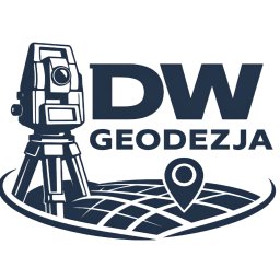 DW Geodezja Daniel Wiszowaty - Grafika wektorowa: Teodolit, napis DW Geodezja, siatka kartograficzna i pinezka lokalizacyjna. Logo firmy geodezyjnej w kolorze granatowym na białym tle.