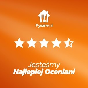 Grafika Pyszne.pl na pomarańczowym tle z pięcioma gwiazdkami, z czego ostatnia jest niepełna. Tekst: Jesteśmy Najlepiej Oceniani.