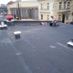 Pracownik w kasku i kamizelce odblaskowej pracuje na płaskim dachu pokrytym papą, w tle budynek z kolumnami i fragment miasta.