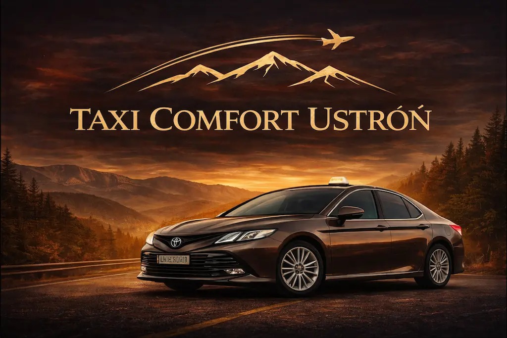Brązowy samochód taxi z napisem 'TAXI Comfort Ustroń' na tle górskiego krajobrazu i logo z samolotem. Elegancki wizerunek firmy przewozowej.
