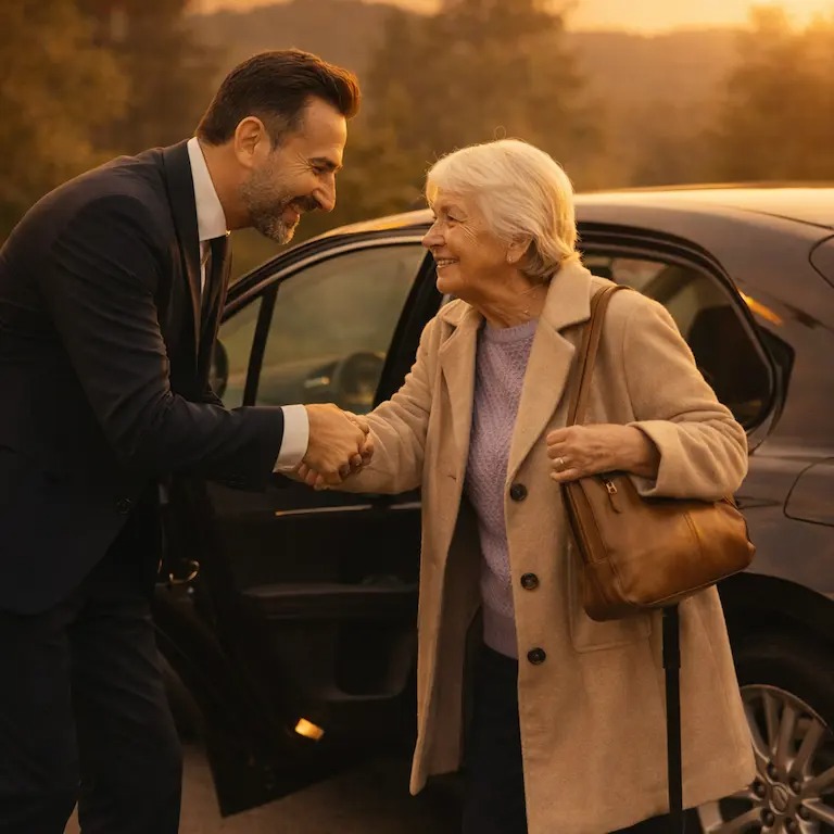 Uśmiechnięty mężczyzna w garniturze wita starszą kobietę przy czarnym samochodzie, podając jej rękę. Scena przyjaznego powitania klienta.