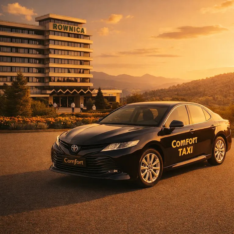 Czarna Toyota Camry Comfort Taxi na tle hotelu Rownica i gór w ciepłym świetle zachodzącego słońca. Elegancki transport dla wymagających klientów.