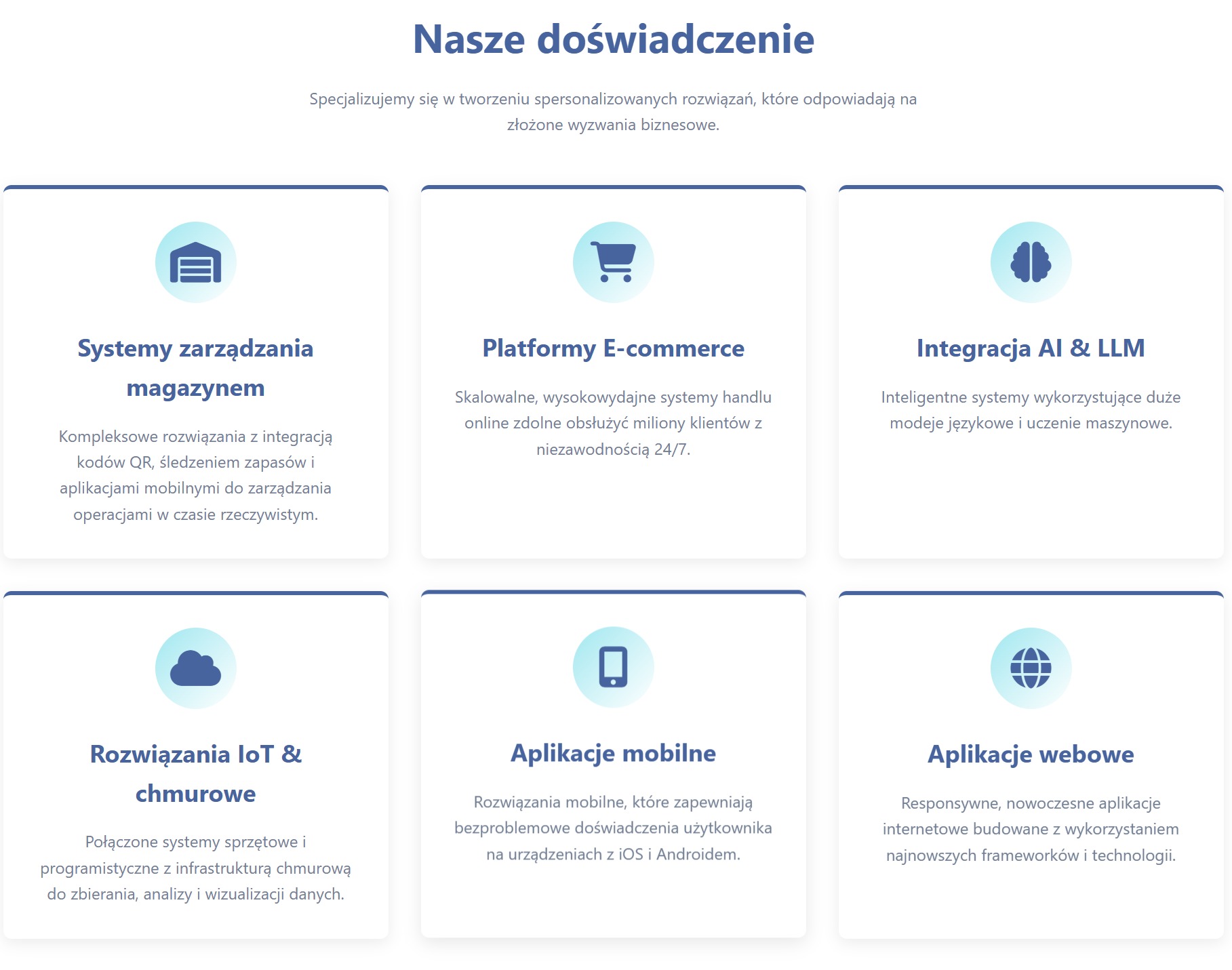 Prezentacja usług IT: systemy zarządzania magazynem, platformy e-commerce, integracja AI, rozwiązania IoT, aplikacje mobilne i webowe. Nowoczesny design, czytelne ikony.