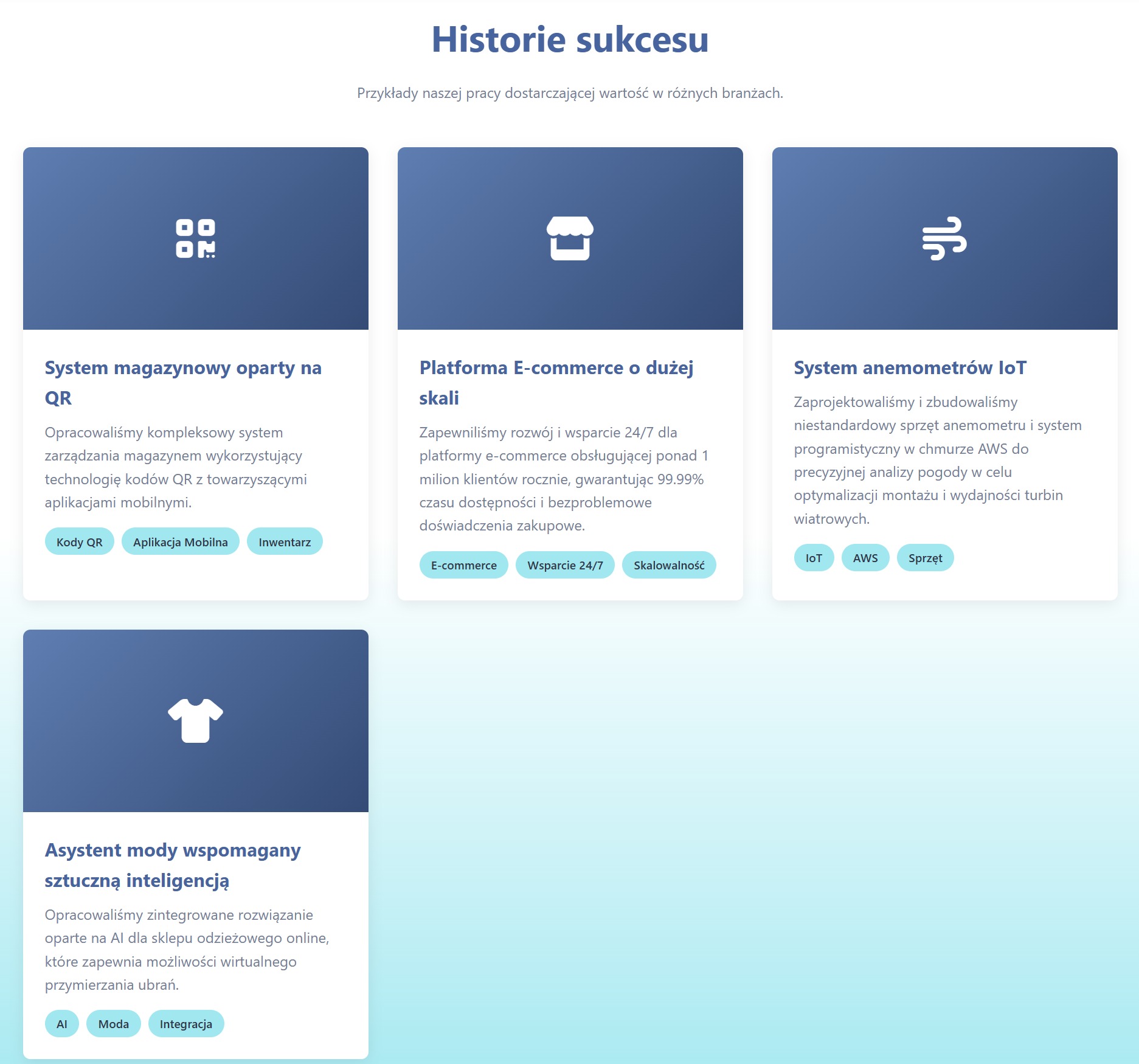 Przykłady wdrożeń systemów IT: magazyn QR, e-commerce, anemometr IoT, asystent AI dla mody. Prezentacja portfolio firmy z Chełm.