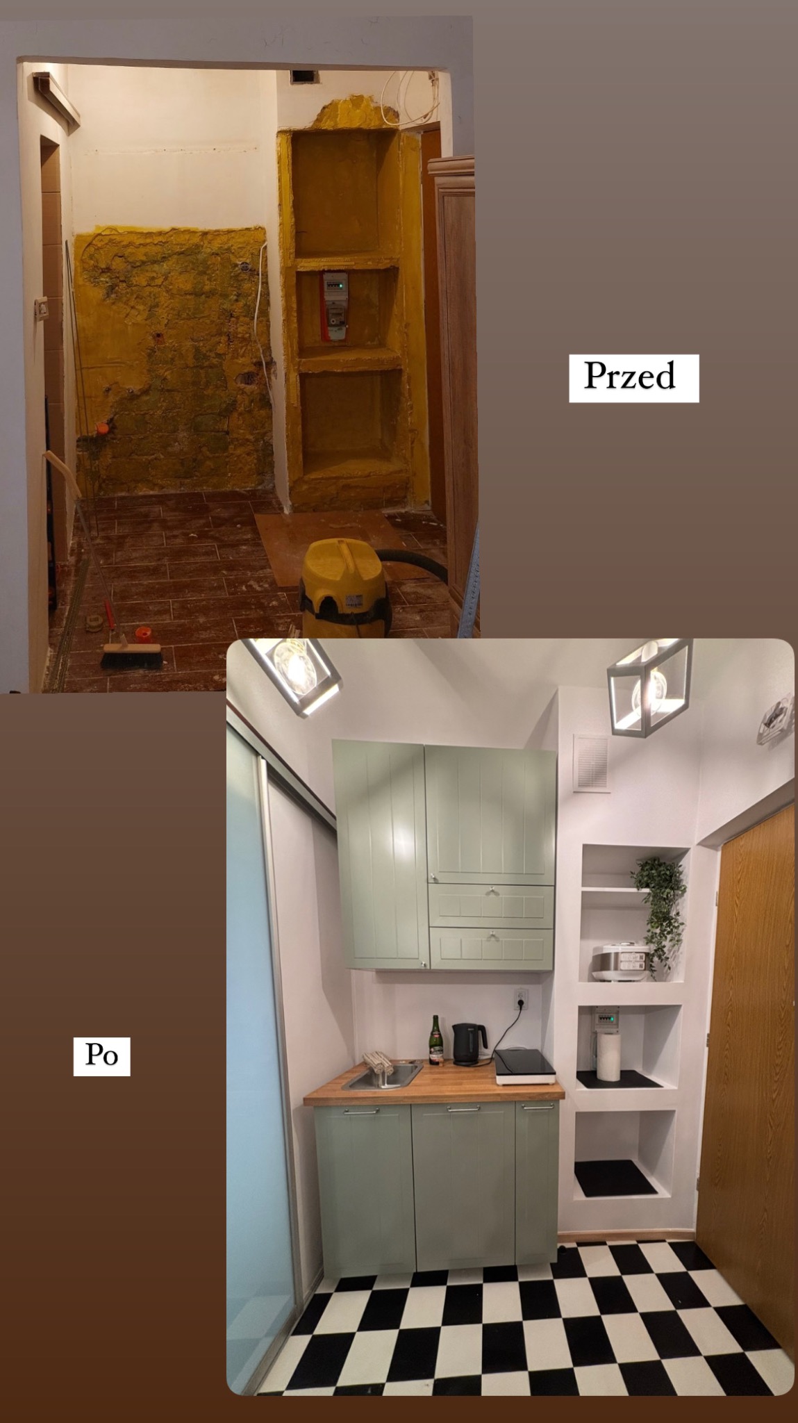 Remont kuchni: zdjęcie 'przed' z żółtą ścianą i 'po' z zielonymi szafkami, blatem i czarno-białą podłogą. Widoczne półki w ścianie.