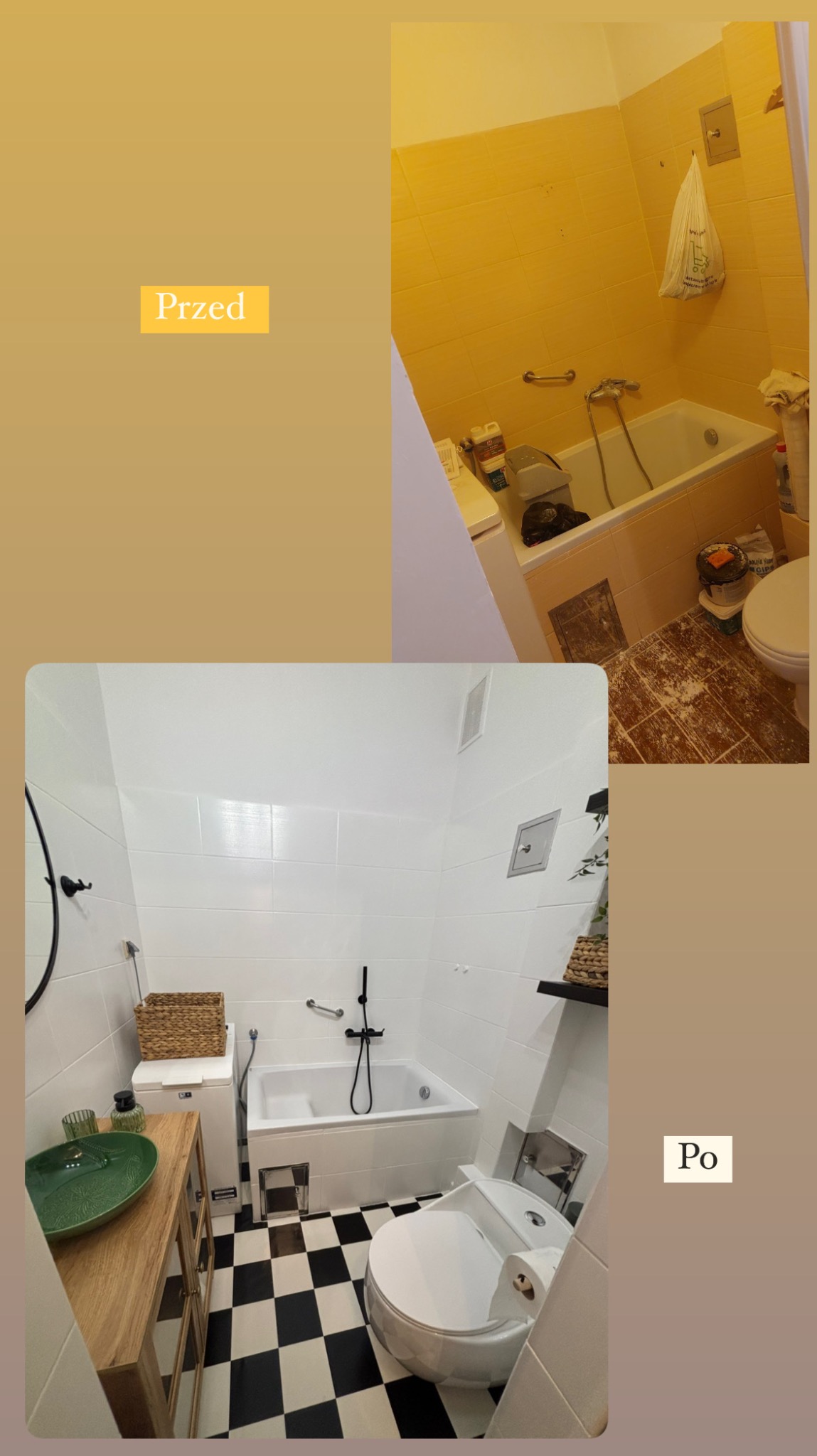 Remont łazienki: zestawienie 'przed' - żółte ściany, bałagan - i 'po' - białe płytki, czarno-biała podłoga, schludne wyposażenie. Nowoczesny design.