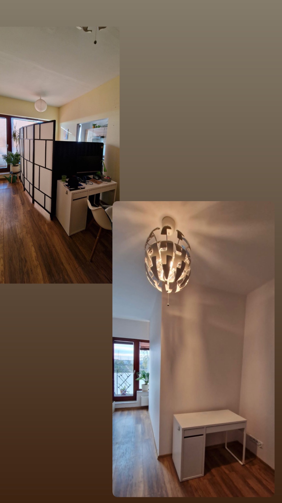 Dwa ujęcia tego samego pokoju: jedno z biurkiem i ścianką działową, drugie z biurkiem i lampą wiszącą. Podłoga z paneli w odcieniach brązu. Jasne ściany.