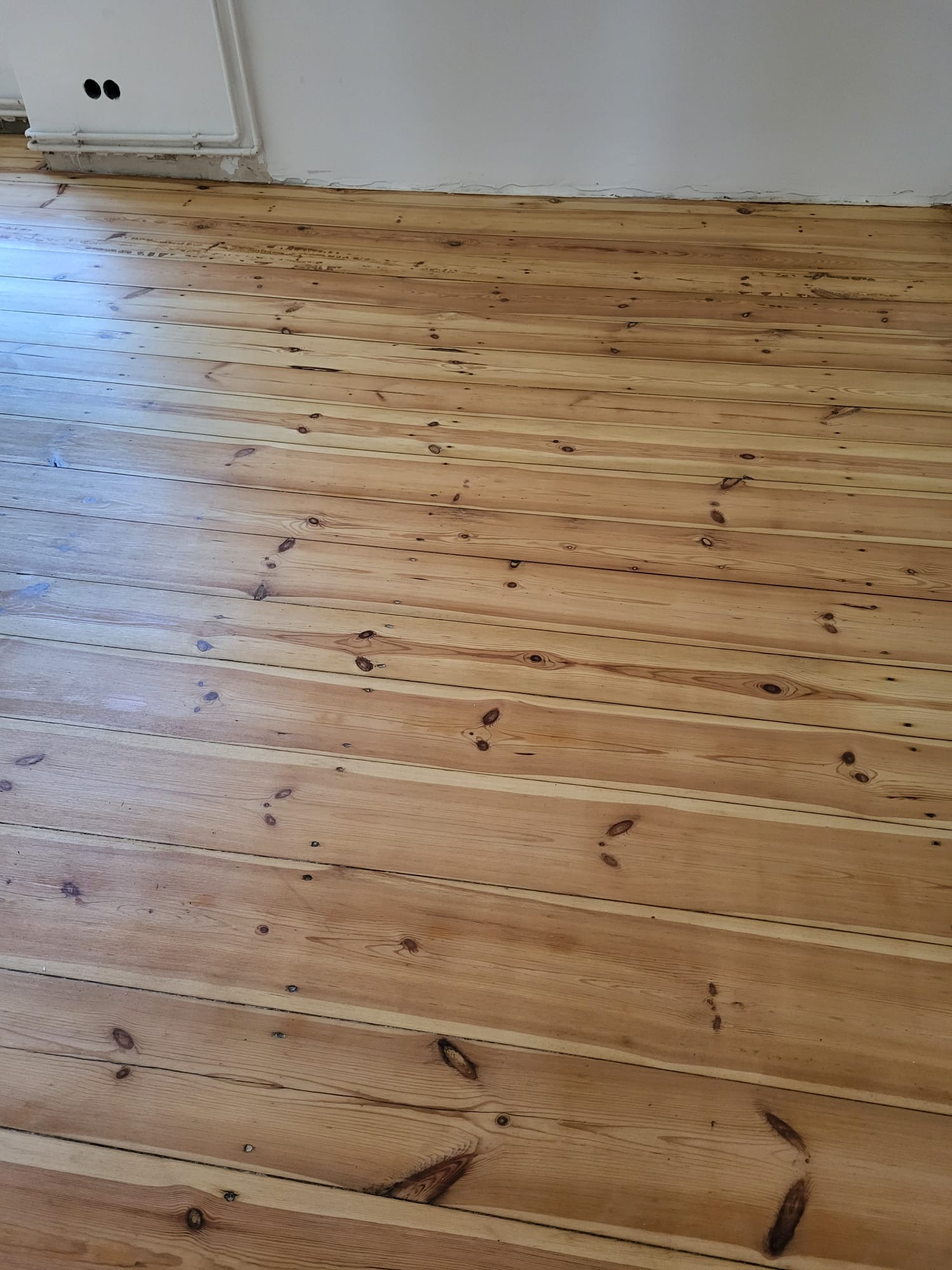 Jasne, drewniane deski podłogowe z widocznymi słojami i gdzieniegdzie ciemniejszymi plamkami, ułożone równolegle do ściany. Fragment ściany z grzejnikiem w tle.