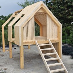 PYTON WOOD - Surowa, drewniana konstrukcja domku na palach z drabinką, w trakcie budowy. Widoczne elementy więźby dachowej i deski elewacyjne. Tło z zielenią.