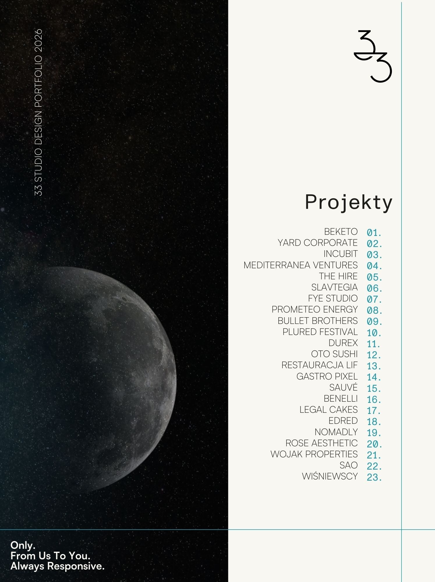 Portfolio graficzne studia 33 Studio Design z 2026 roku. Na okładce widnieje księżyc na tle kosmosu oraz lista projektów.