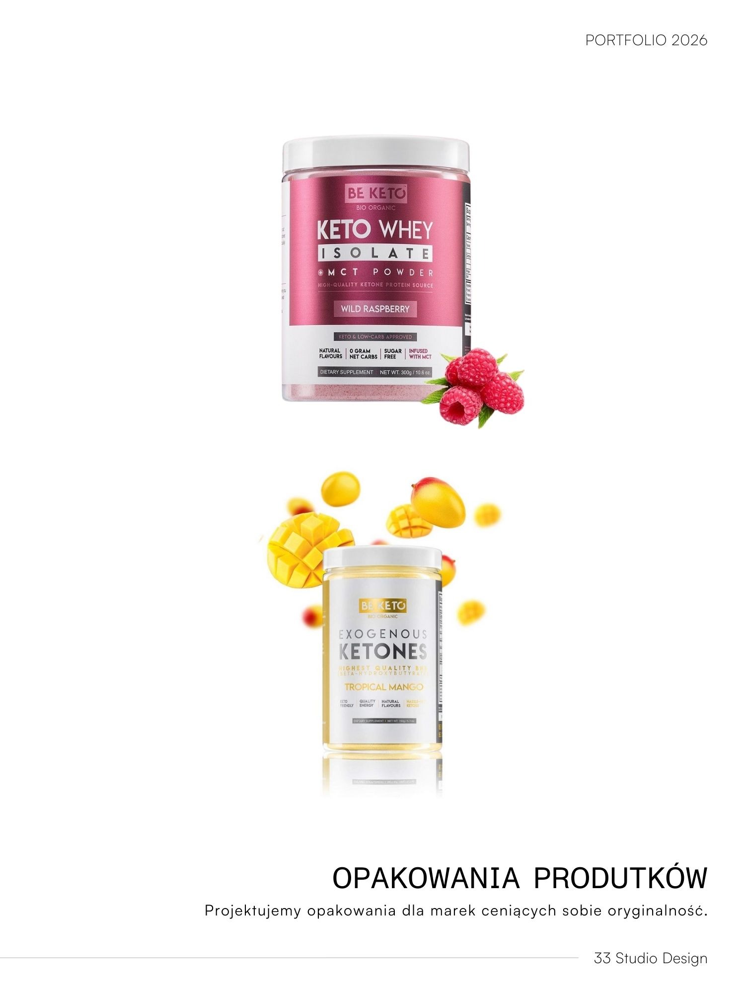 Projekt opakowań: Dwa słoiki suplementów diety Be Keto (malinowy i mango) na białym tle, z owocami malin i mango. Minimalistyczny design, portfolio 2026.