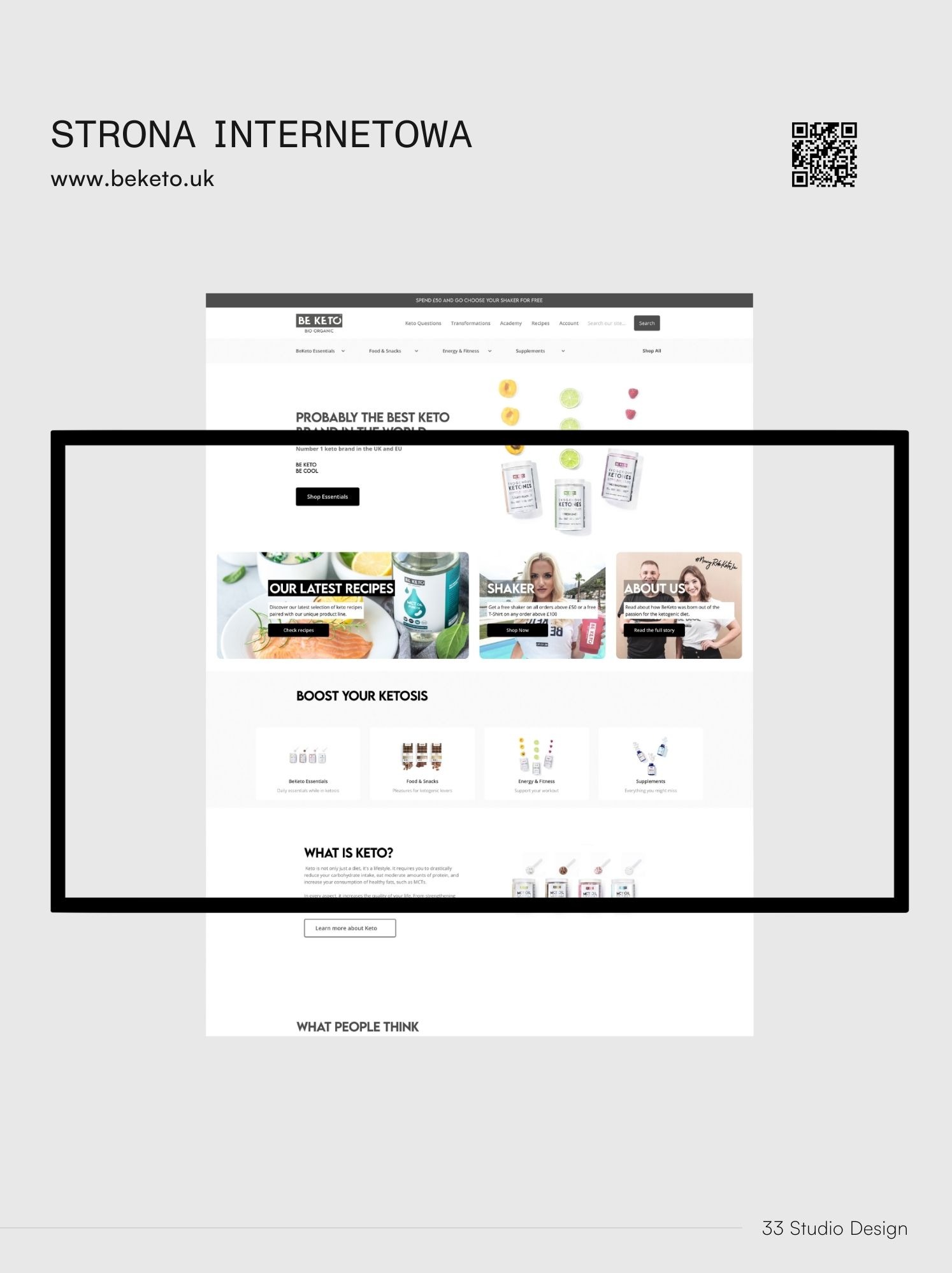 Prezentacja strony internetowej Beketo.uk z menu, produktami i informacjami o diecie keto. Widoczny adres URL i kod QR. Minimalistyczny design z elementami graficznymi.