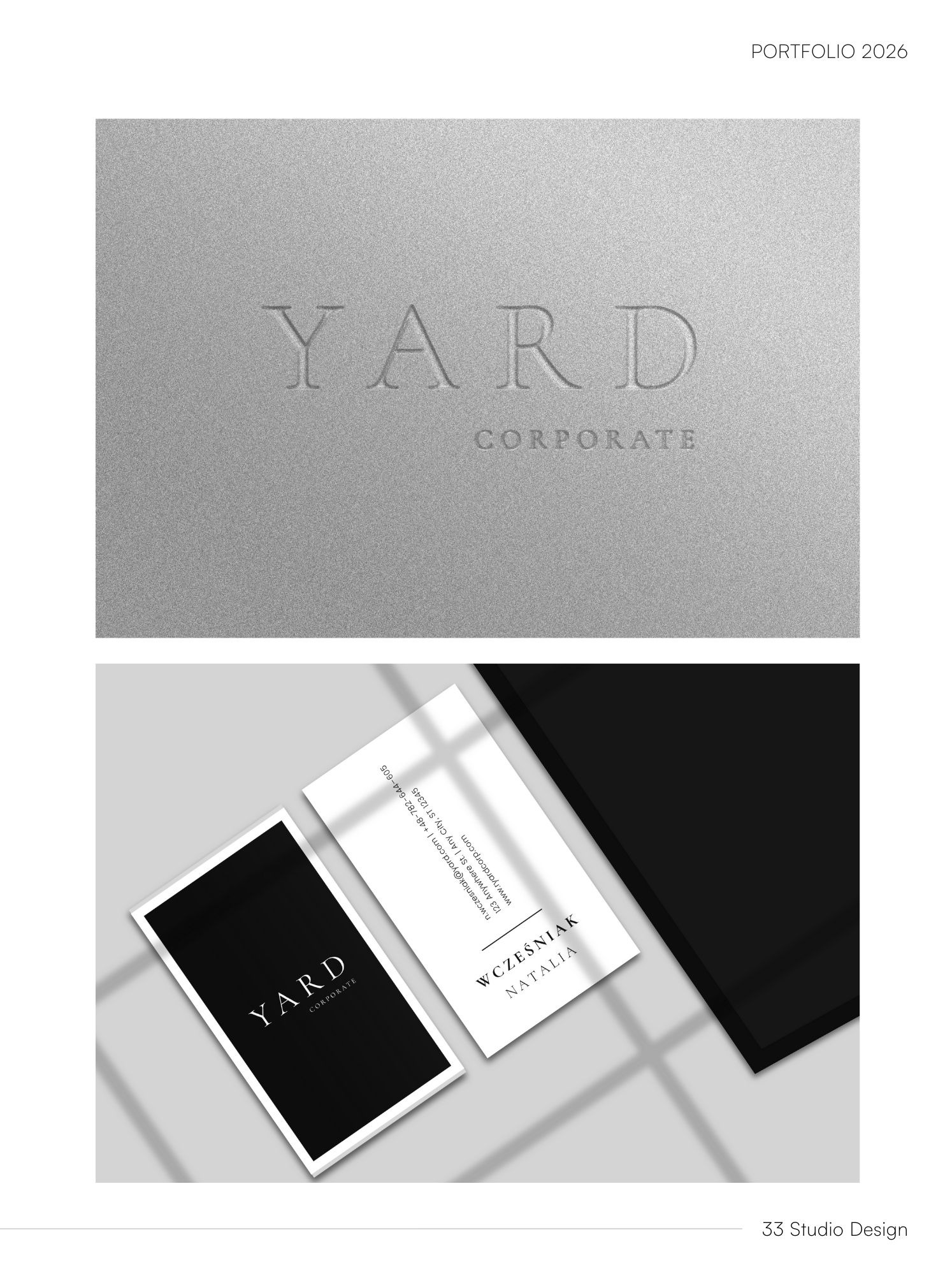 Elegancki zestaw identyfikacji wizualnej: wizytówka z czarnym tłem i logo YARD Corporate oraz srebrne tłoczone logo na teksturowanym papierze. Minimalistyczny design.