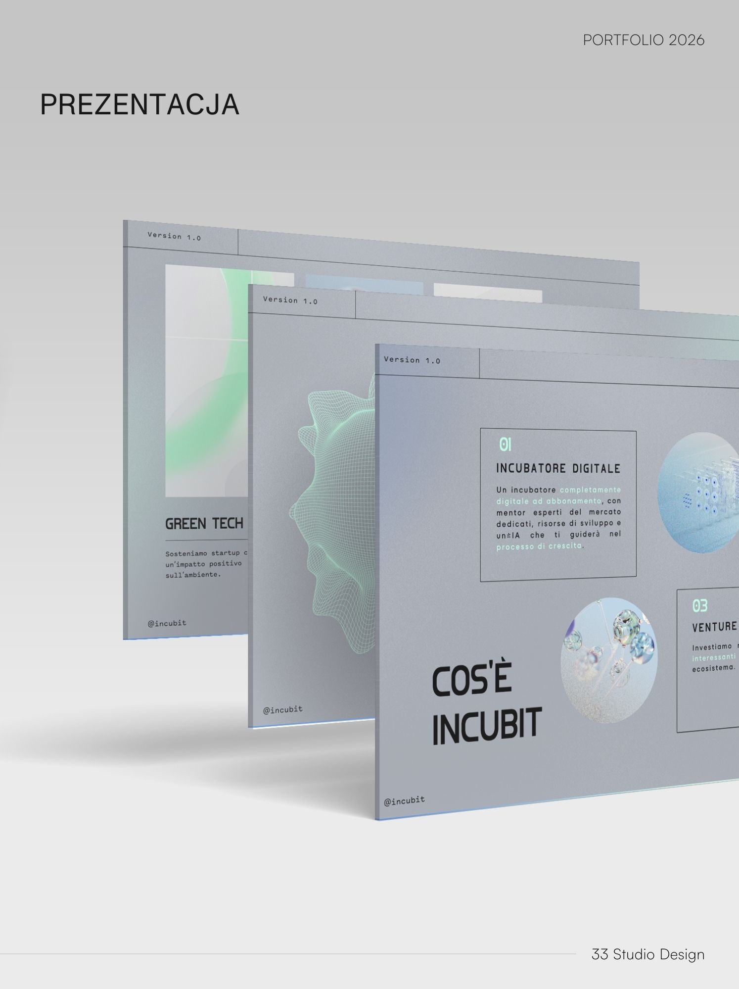 Portfolio 2026: Prezentacja projektu w minimalistycznym stylu, z elementami graficznymi i tekstami w języku włoskim, prezentująca koncepcję inkubatora cyfrowego.